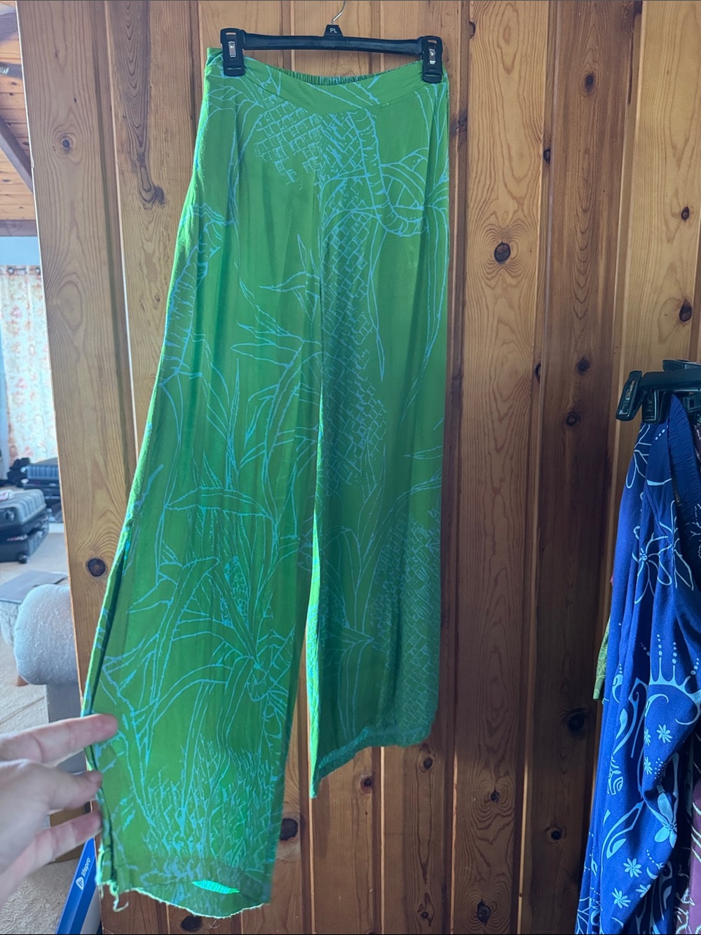 Wahine Toa Women's Wide Leg Green Printed Pants with baby blue lauhala  print